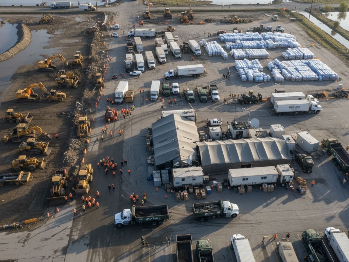 Aerial view of coordinated disaster response logistics facility with heavy equipment, staging areas, and organized operational infrastructure in the United States