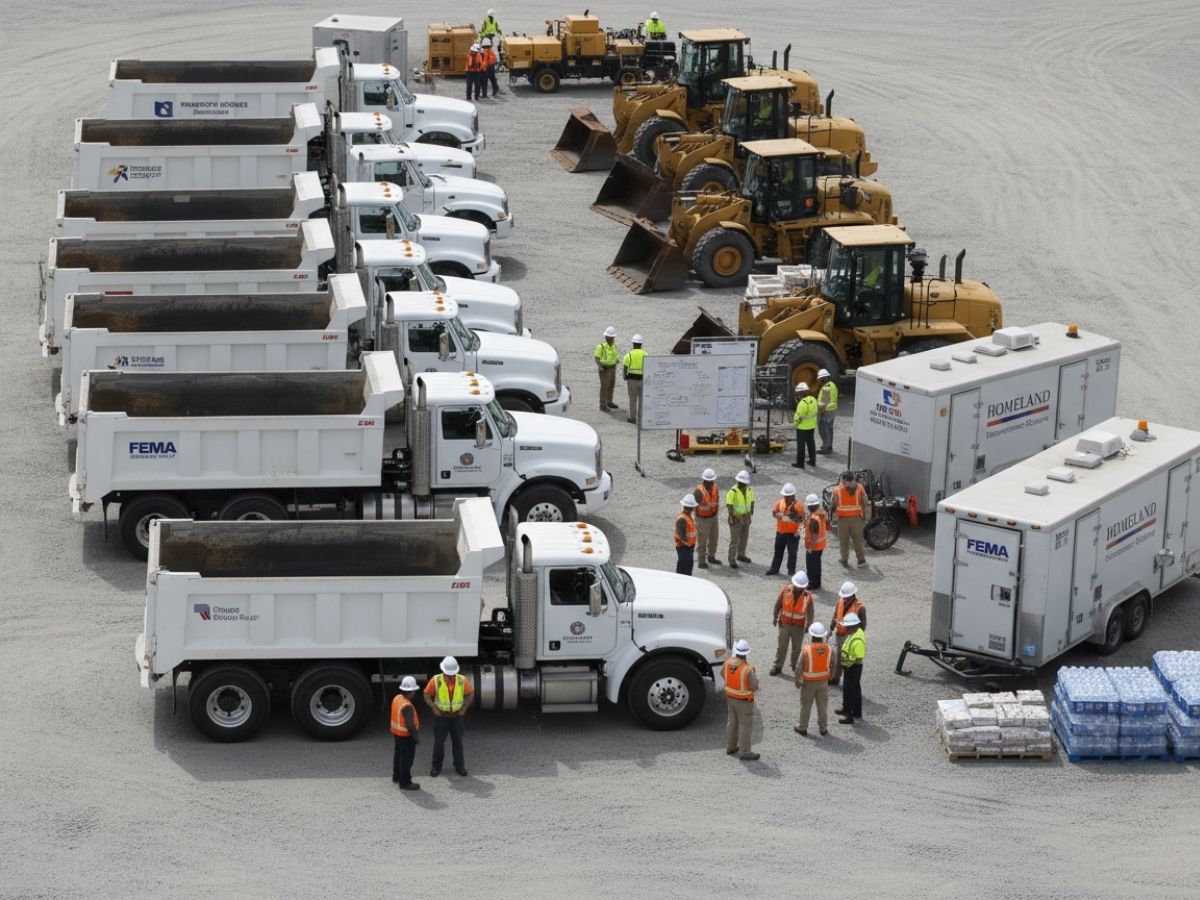 Organized disaster response staging area with heavy equipment, utility trucks, and crew members in safety gear coordinating field operations.