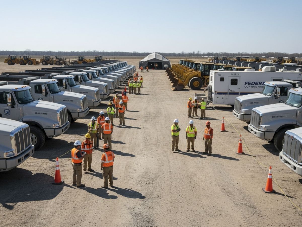 Disaster response convoy of utility vehicles and crew members preparing equipment for rapid deployment at an organized staging area.
