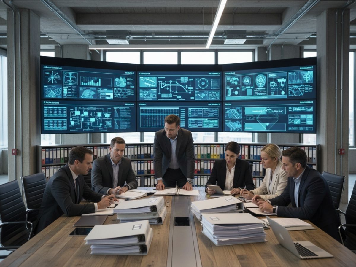 Federal project managers reviewing operational plans and compliance documentation in a controlled industrial environment