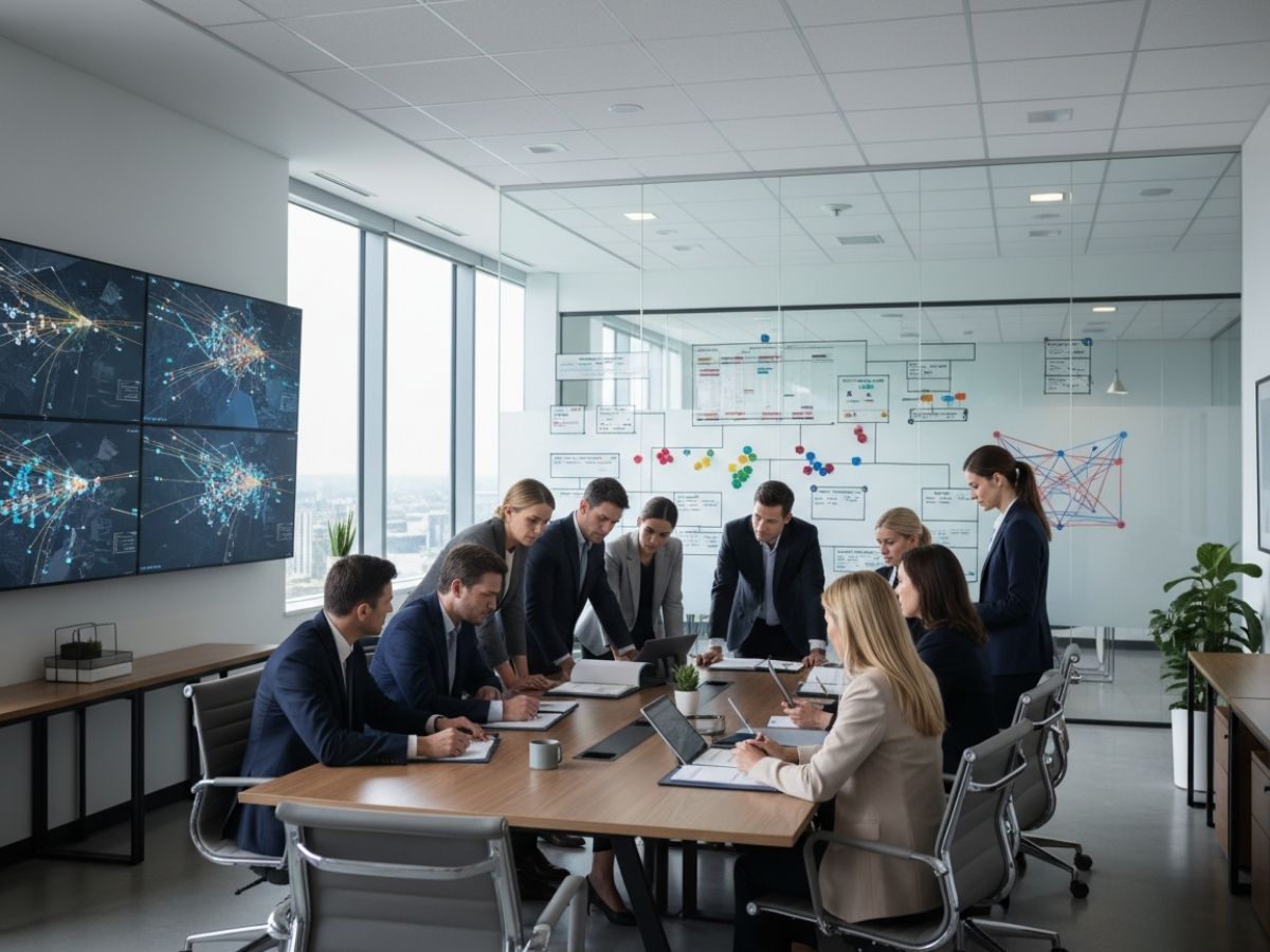 Federal Contracting Operations and Logistics Planning Federal contractor operations team coordinating logistics and government project planning in a modern office environment