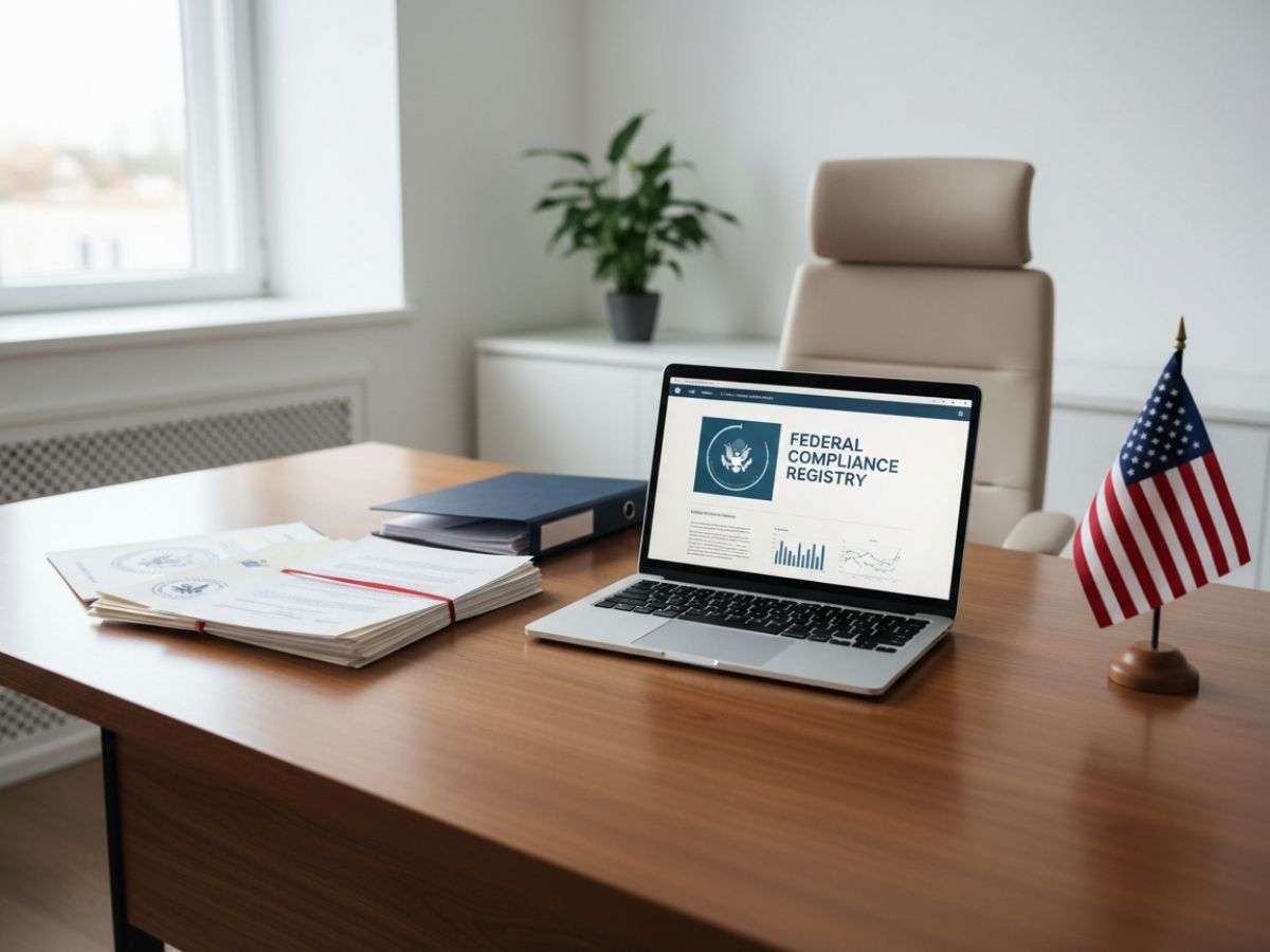 Government contractor reviewing federal registration and compliance documentation in executive office setting